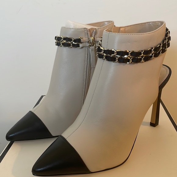 White House Black Market booties with Decorative ankle chains. Bootie tan/black. - Picture 1 of 4